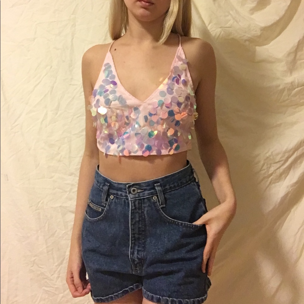 ♡ motel rocks pink sequin crop top ♡
